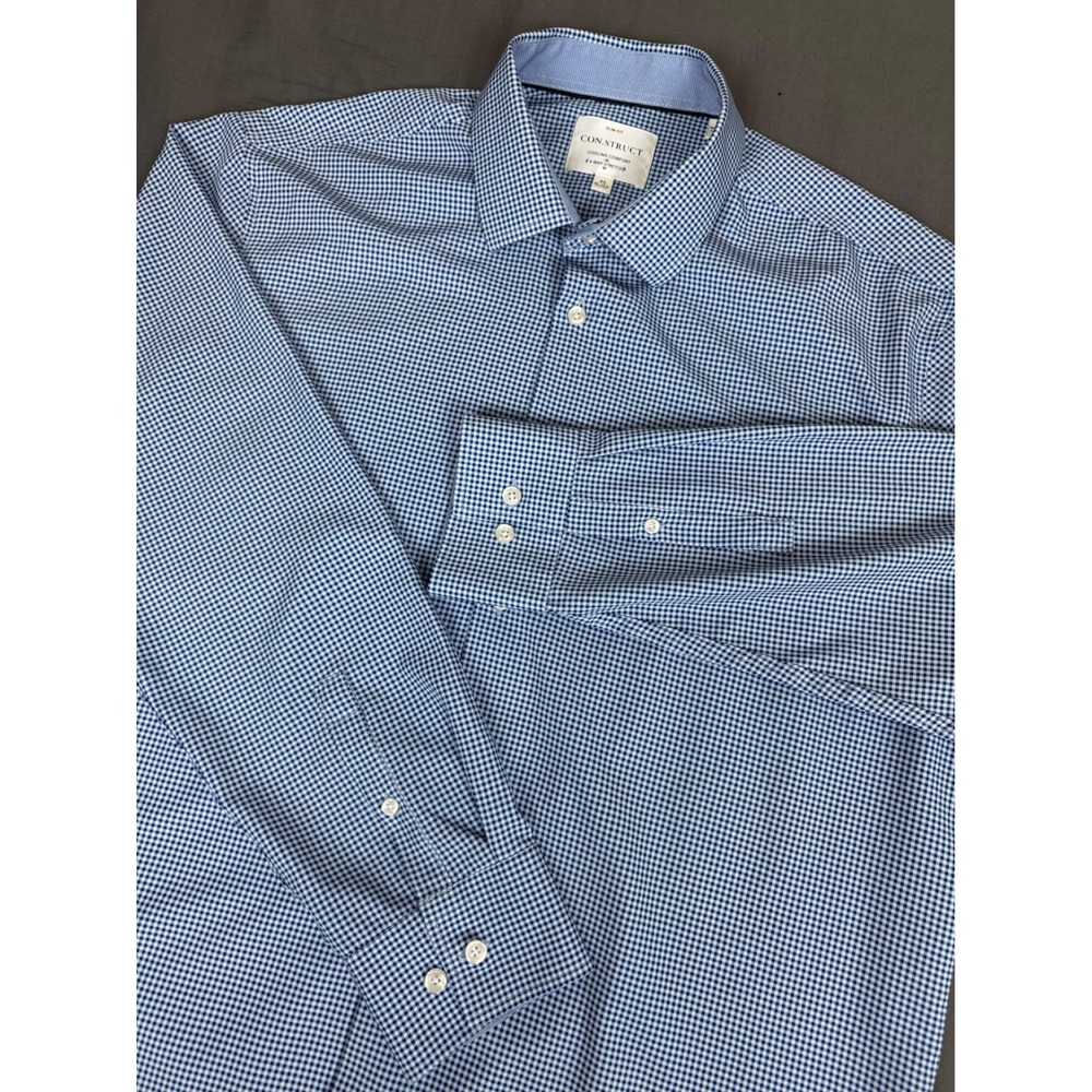 CON.STRUCT Slim Fit Dress Shirt Mens XL Blue Gingham Cooling 4-Way Stretch L/S